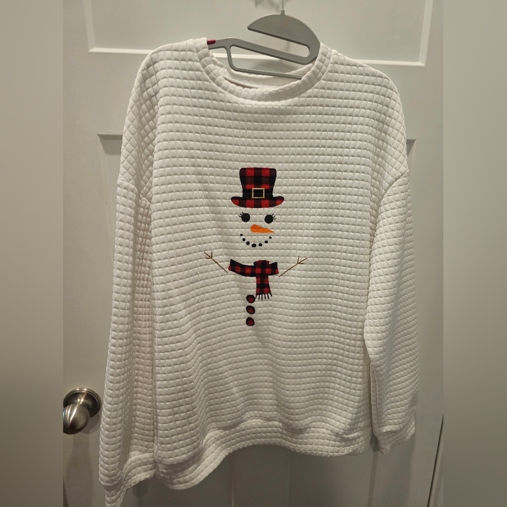 Snowman Waffle Knit Christmas Sweatshirt Buffalo Plaid Holiday Top Size M